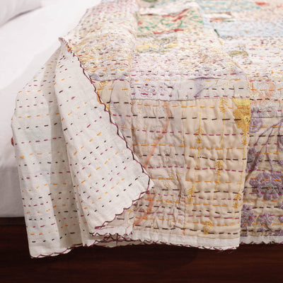 Beige - Khambadiya Patchwork Patola Silk Cotton Quilt / Gudri / Blanket