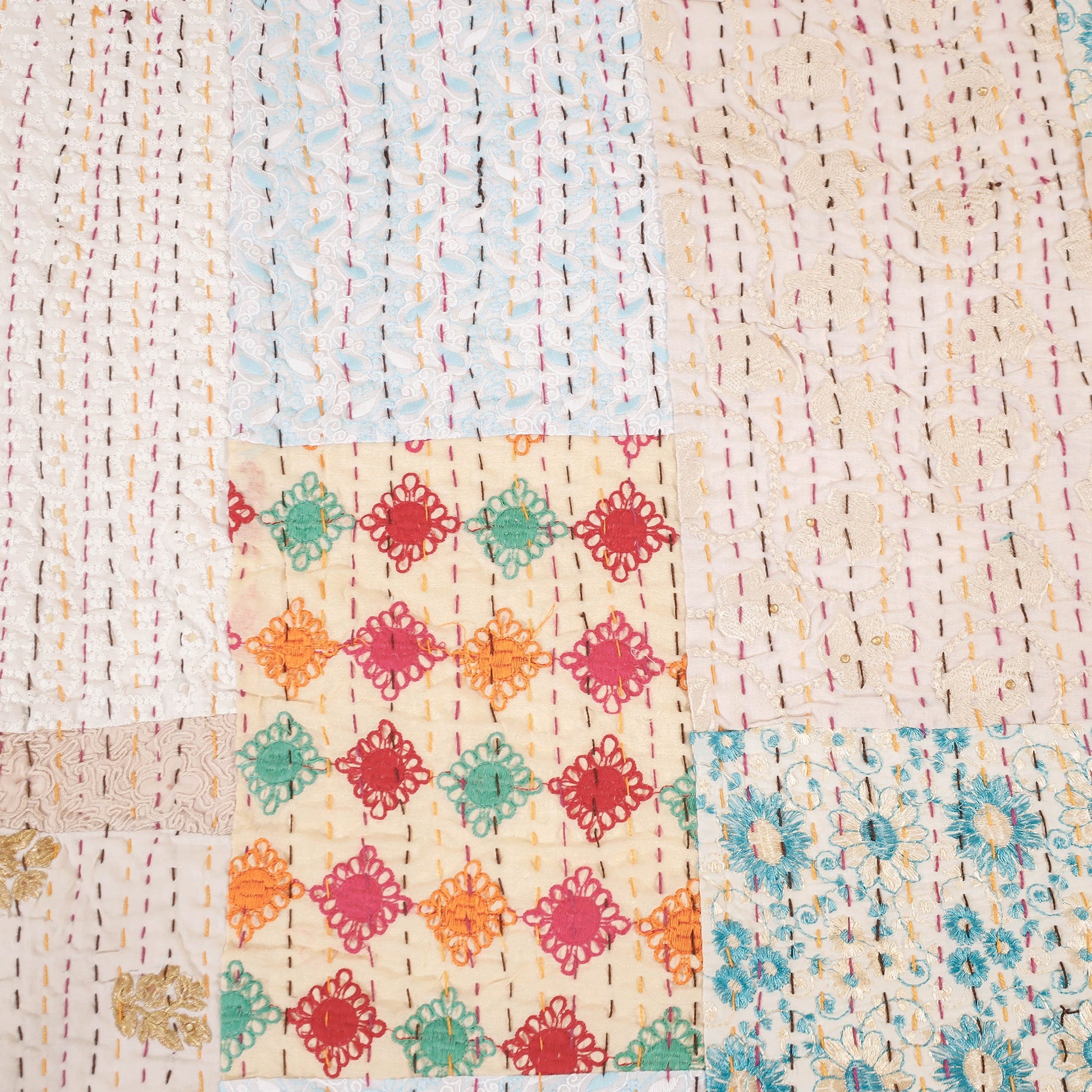 Beige - Khambadiya Patchwork Patola Silk Cotton Quilt / Gudri / Blanket