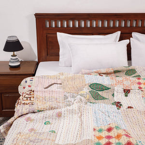 Beige - Khambadiya Patchwork Patola Silk Cotton Quilt / Gudri / Blanket