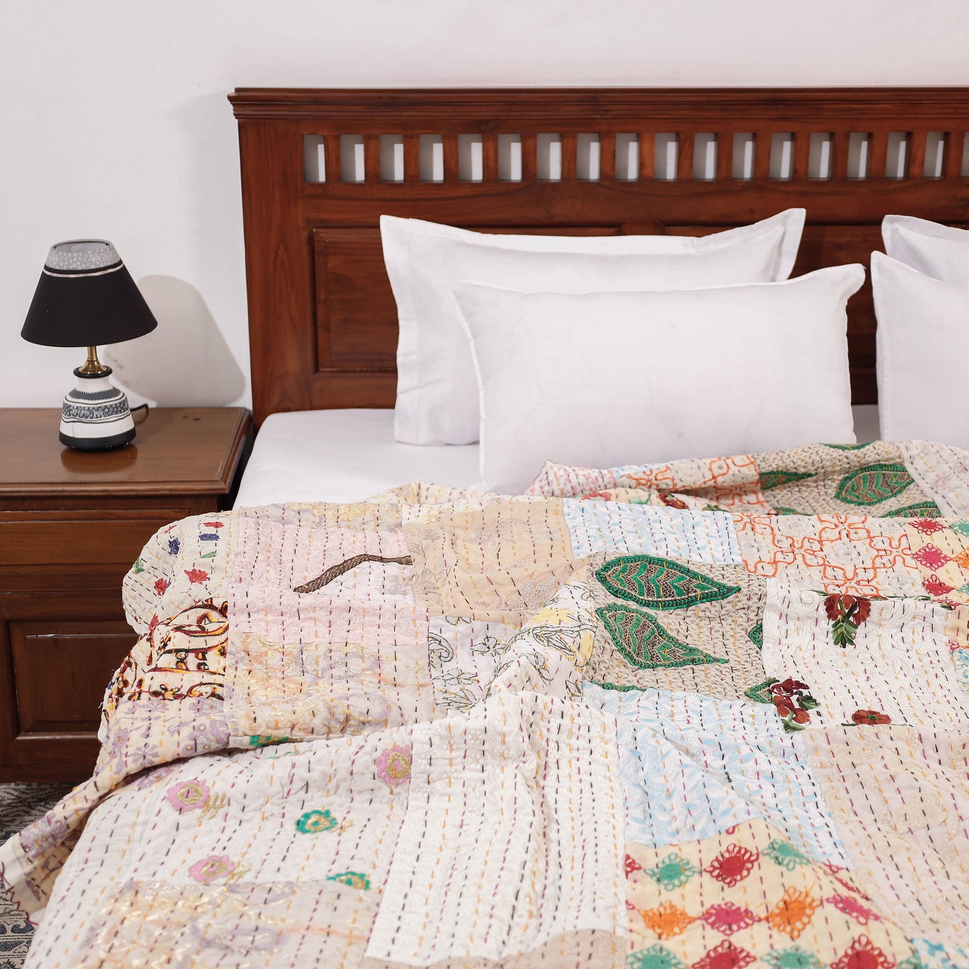 Beige - Khambadiya Patchwork Patola Silk Cotton Quilt / Gudri / Blanket
