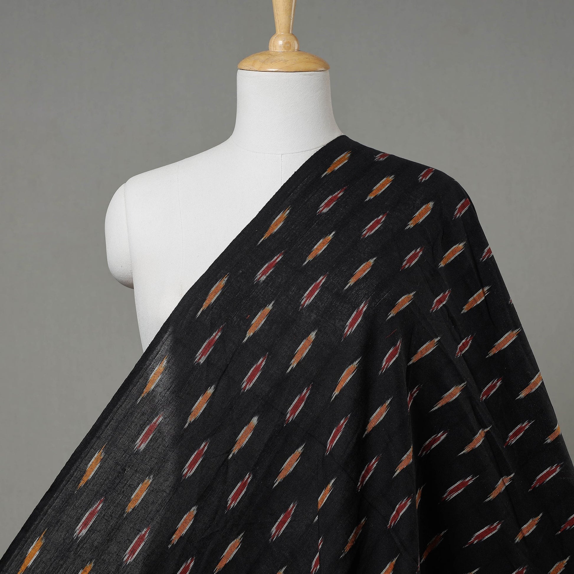 Black With Orange & Red Butta Pochampally Ikat Weave Cotton Fabric 04