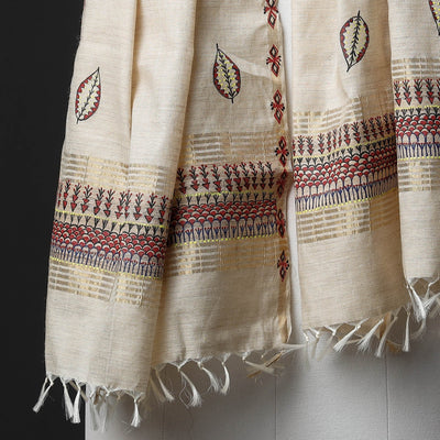 Beige - Traditional Godana Handpainted Spun Silk Handloom Stole