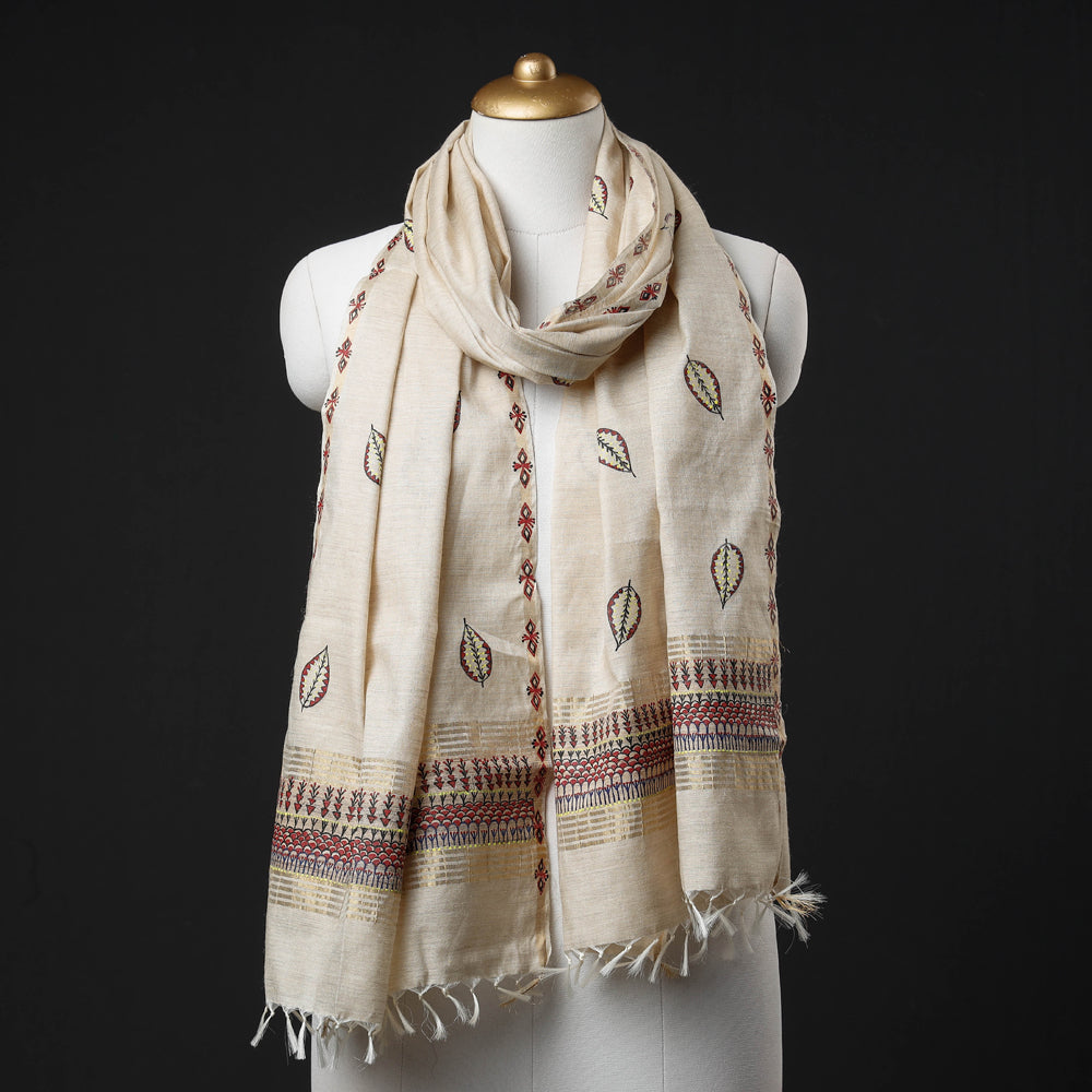 Beige - Traditional Godana Handpainted Spun Silk Handloom Stole