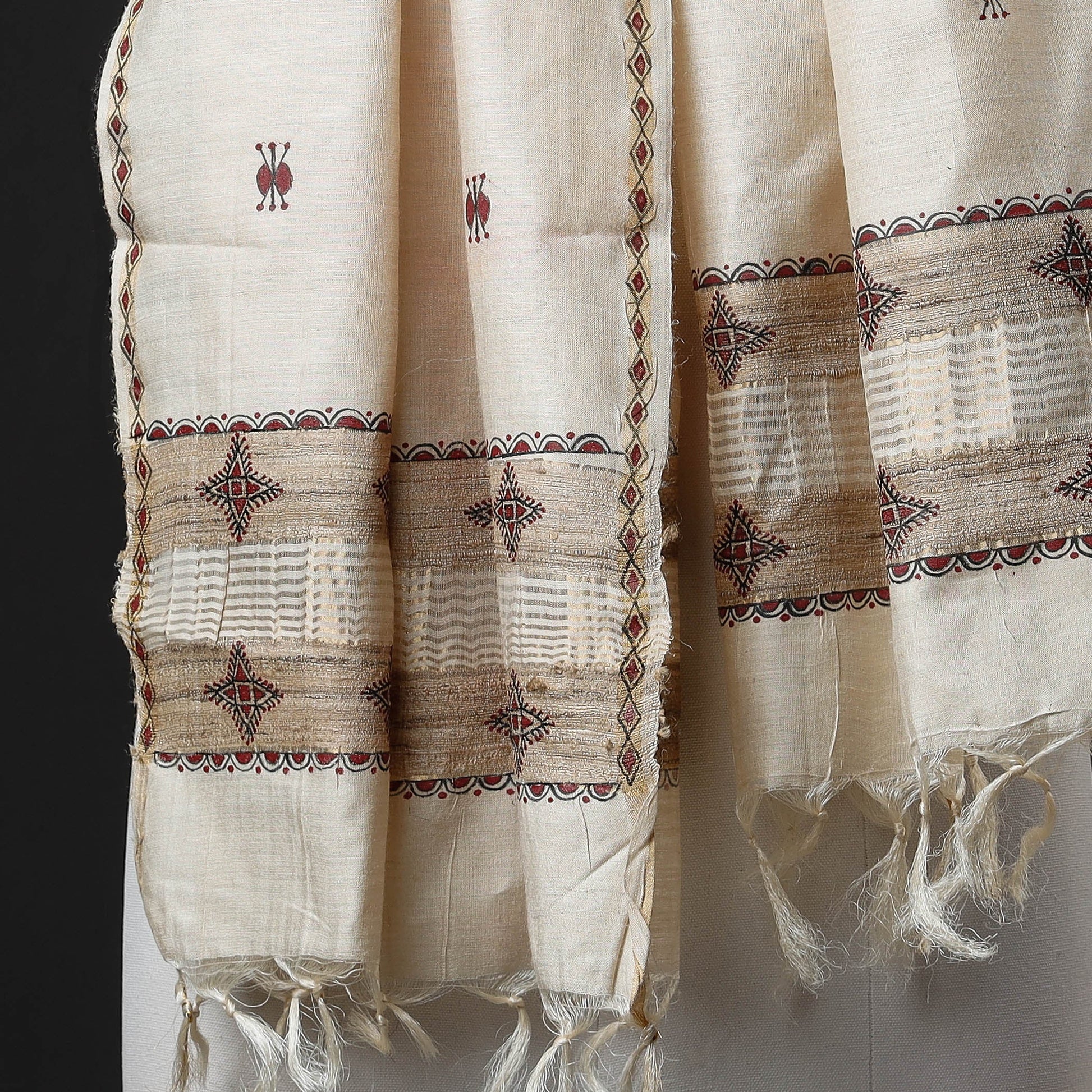 Beige - Traditional Godana Handpainted Spun Silk Handloom Stole