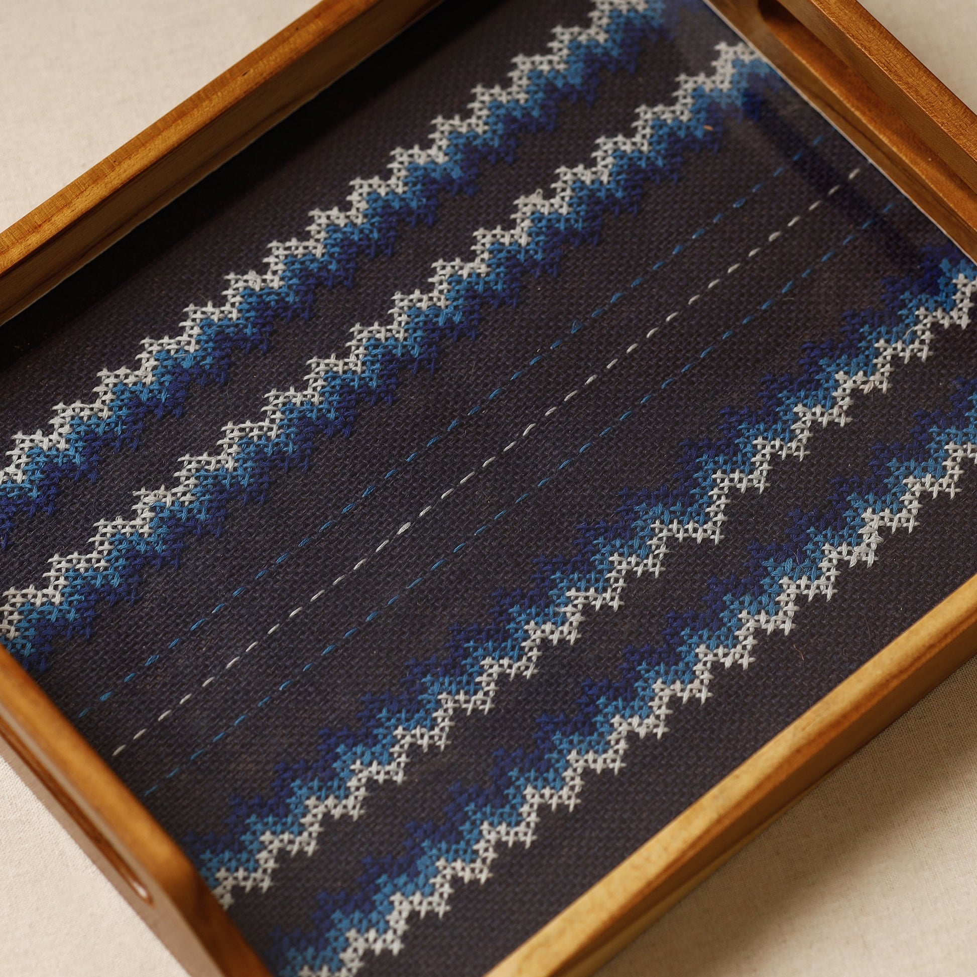 Black - Tribal Hand Embroidered Sagwan Wood Tray