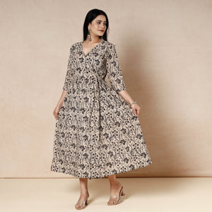 Beige - Kalamkari Block Printed Cotton Flared Dress