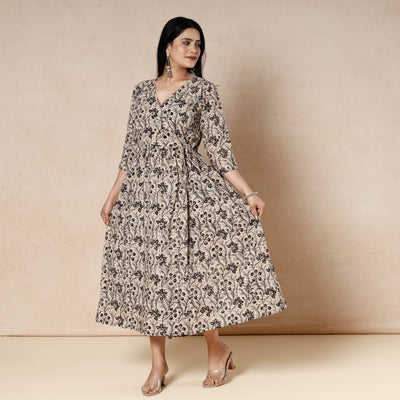 Beige - Kalamkari Block Printed Cotton Flared Dress