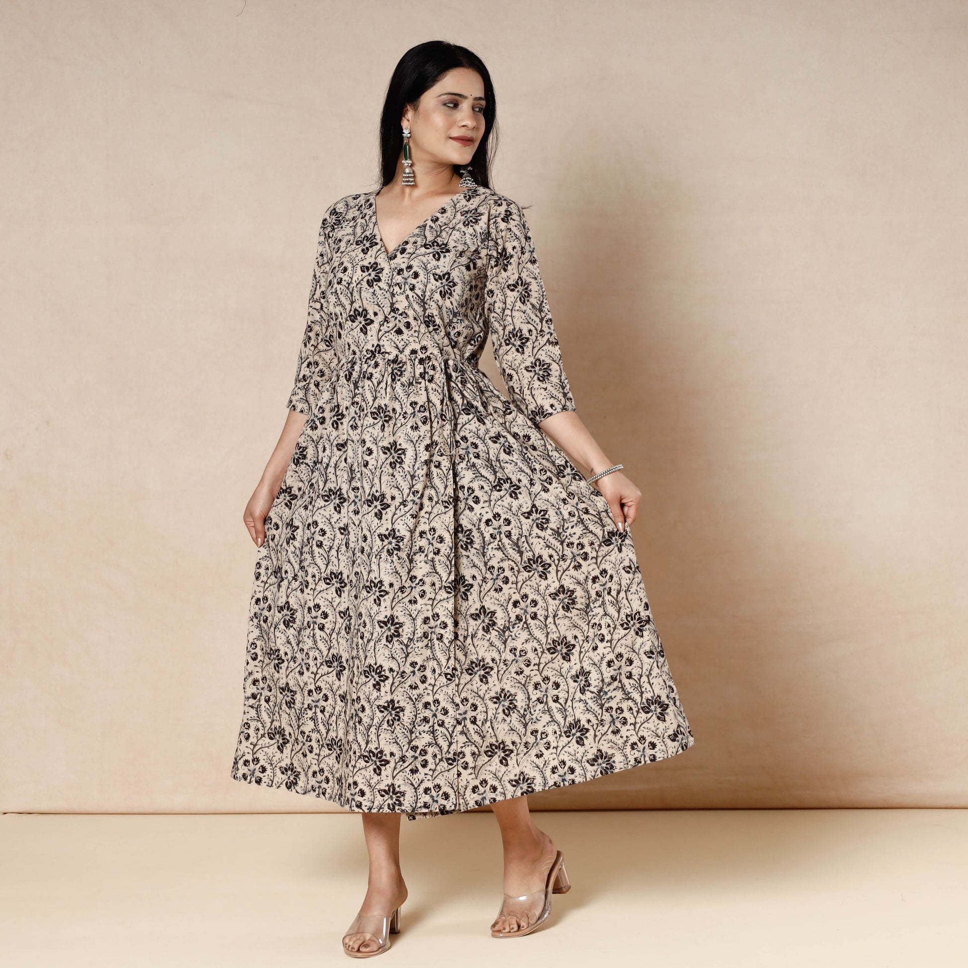 Beige - Kalamkari Block Printed Cotton Flared Dress