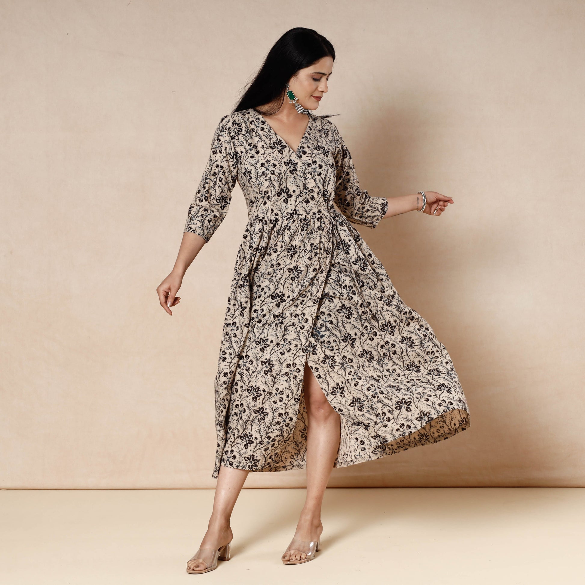 Beige - Kalamkari Block Printed Cotton Flared Dress