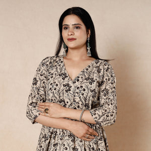 Beige - Kalamkari Block Printed Cotton Flared Dress