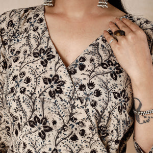 Beige - Kalamkari Block Printed Cotton Flared Dress