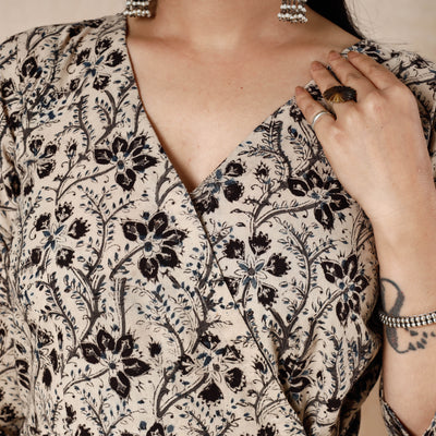 Beige - Kalamkari Block Printed Cotton Flared Dress