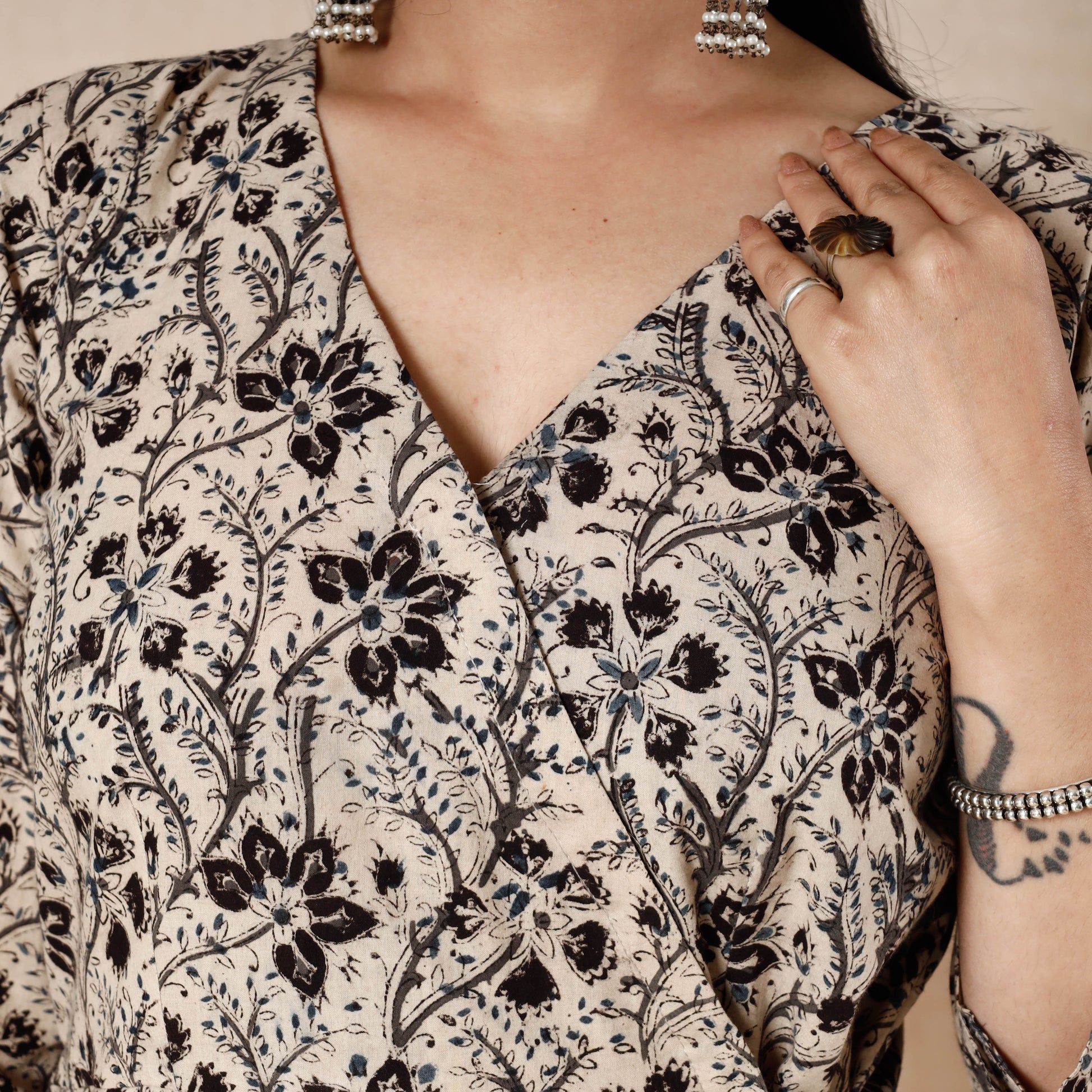 Beige - Kalamkari Block Printed Cotton Flared Dress