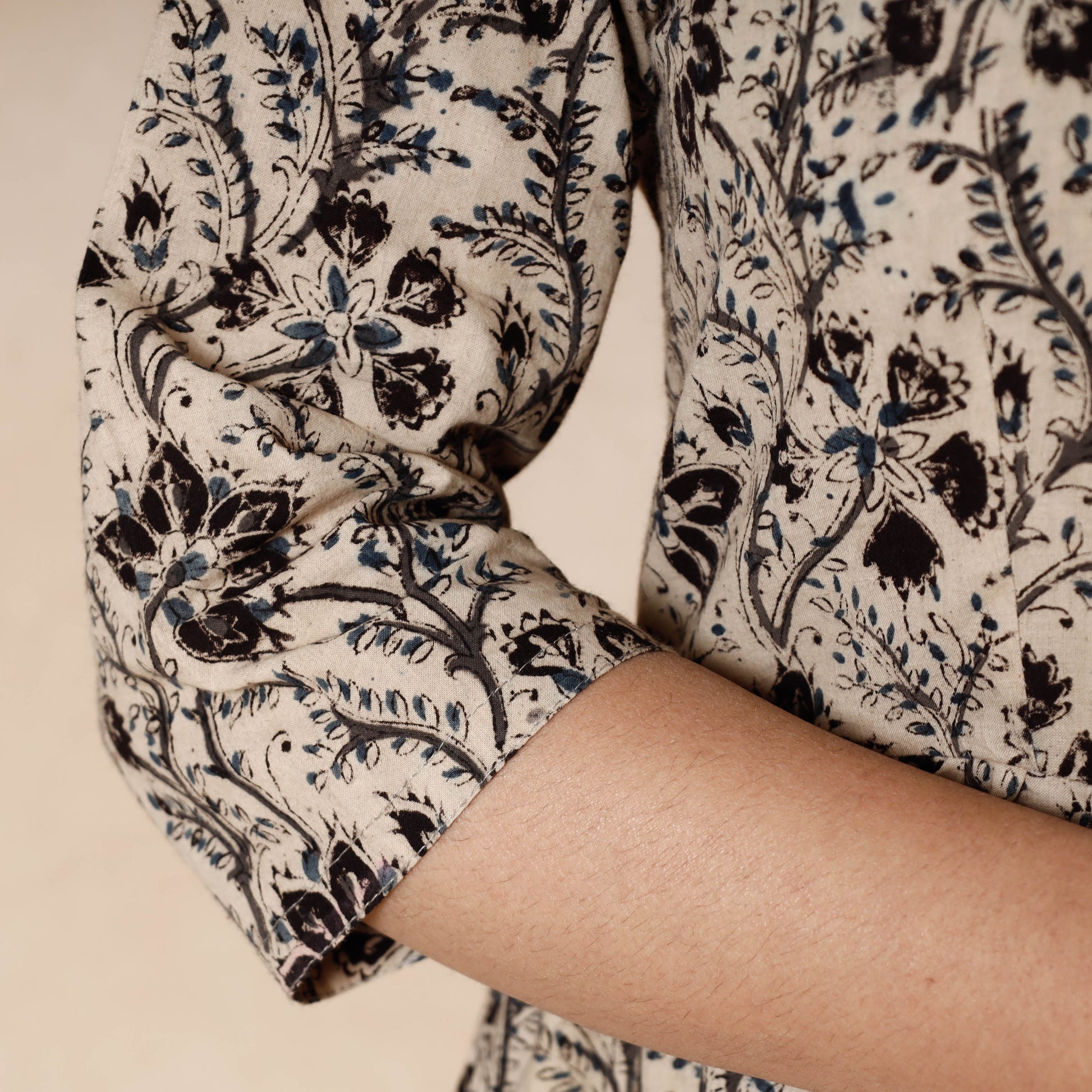 Beige - Kalamkari Block Printed Cotton Flared Dress
