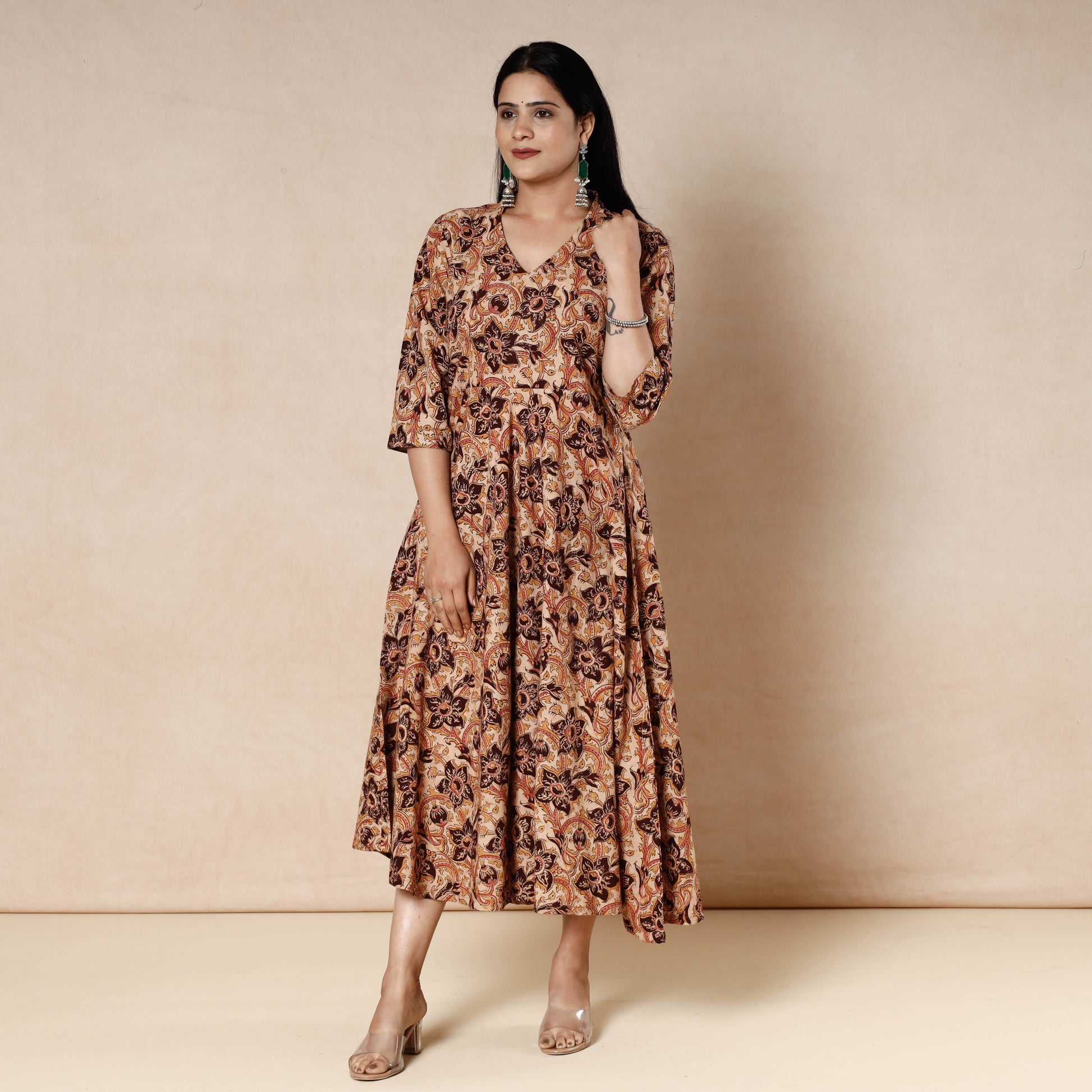 Brown - Kalamkari Block Printed Cotton Flared Gher Dress
