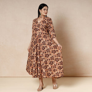 Brown - Kalamkari Block Printed Cotton Flared Gher Dress