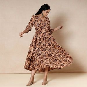 Brown - Kalamkari Block Printed Cotton Flared Gher Dress