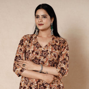 Brown - Kalamkari Block Printed Cotton Flared Gher Dress