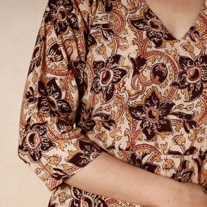 Brown - Kalamkari Block Printed Cotton Flared Gher Dress