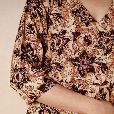 Brown - Kalamkari Block Printed Cotton Flared Gher Dress
