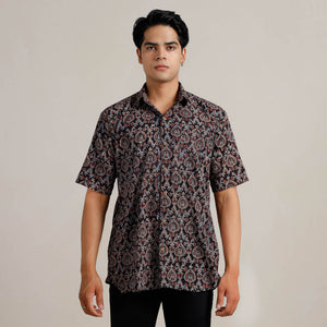 Black - Ajrakh Block Printed Cotton Men Half Sleeve Shirt 01