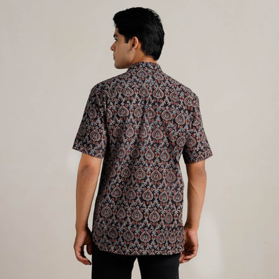 Black - Ajrakh Block Printed Cotton Men Half Sleeve Shirt 01