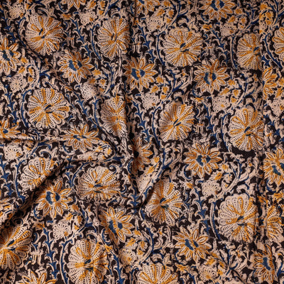Black - Kalamkari Block Printed Cotton Precut Fabric (1.6 meter)