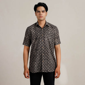 Black - Bagru Block Printed Cotton Men Half Sleeve Shirt 06