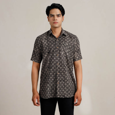Black - Bagru Block Printed Cotton Men Half Sleeve Shirt 06