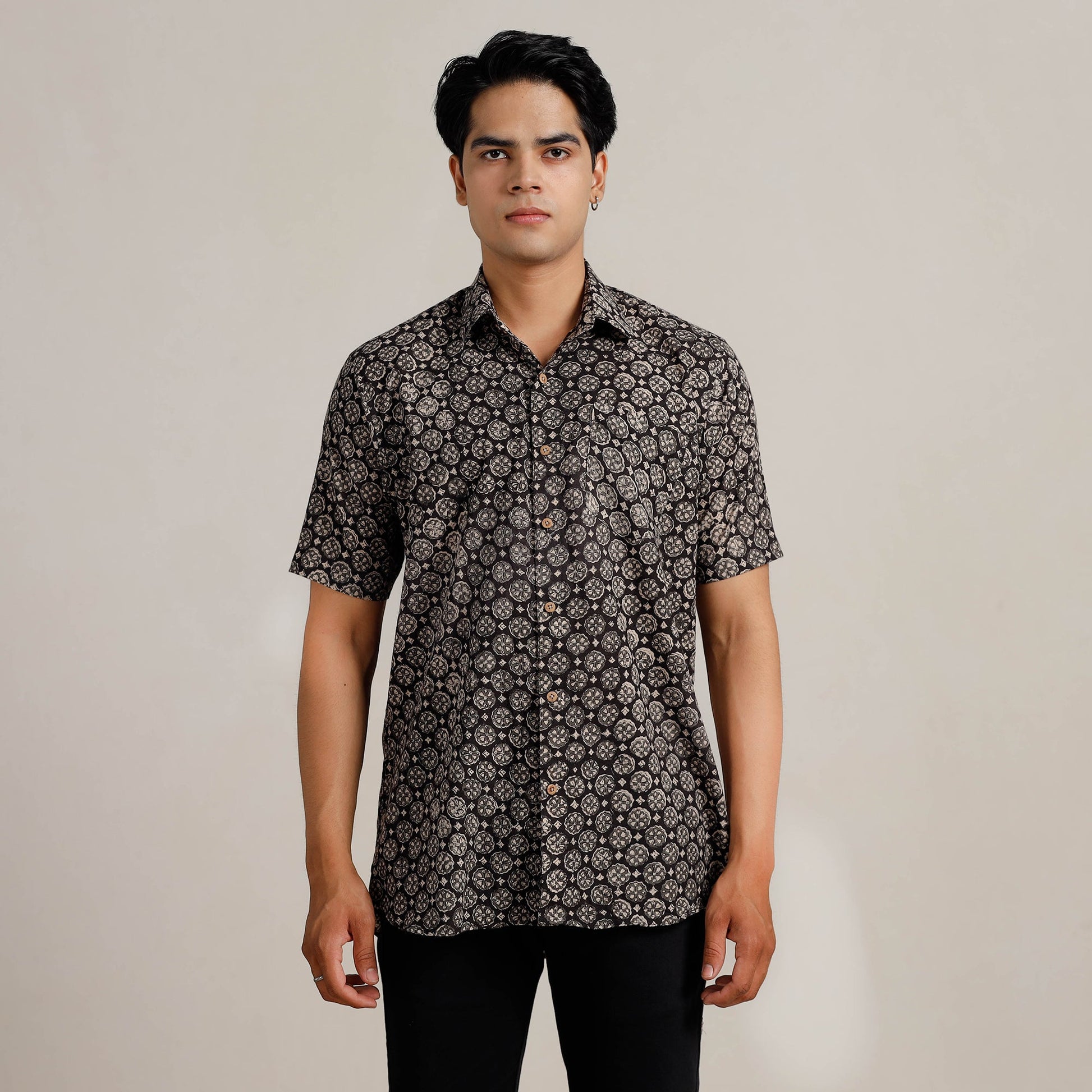Black - Bagru Block Printed Cotton Men Half Sleeve Shirt 06