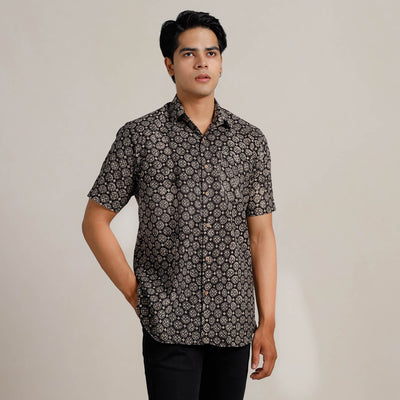 Black - Bagru Block Printed Cotton Men Half Sleeve Shirt 06