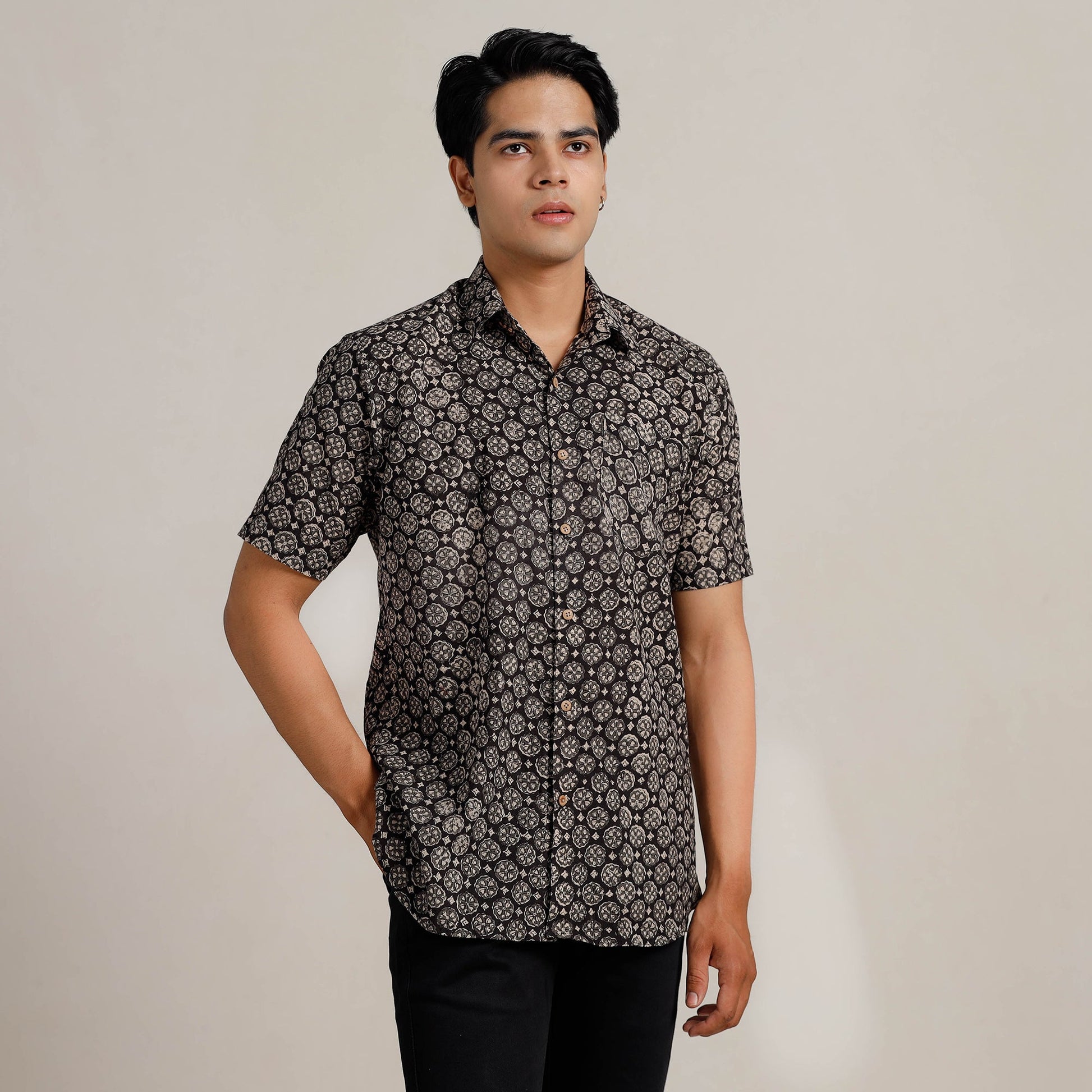 Black - Bagru Block Printed Cotton Men Half Sleeve Shirt 06