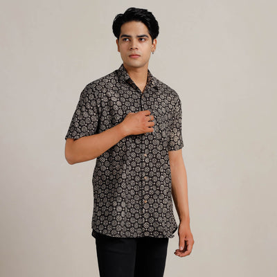 Black - Bagru Block Printed Cotton Men Half Sleeve Shirt 06