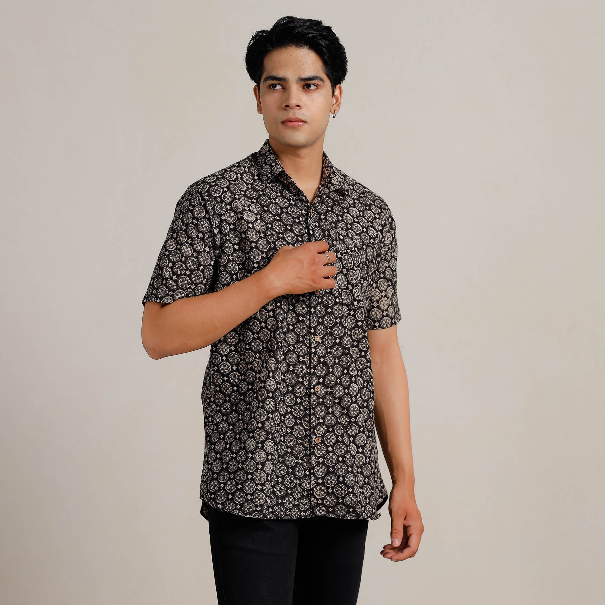 Black - Bagru Block Printed Cotton Men Half Sleeve Shirt 06