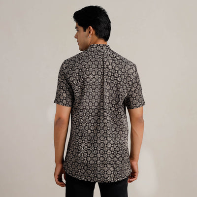 Black - Bagru Block Printed Cotton Men Half Sleeve Shirt 06