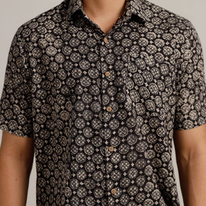 Black - Bagru Block Printed Cotton Men Half Sleeve Shirt 06