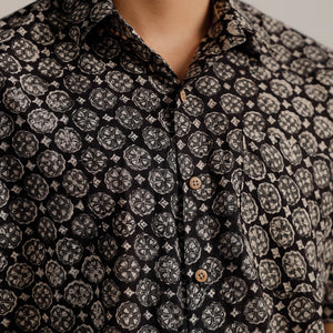Black - Bagru Block Printed Cotton Men Half Sleeve Shirt 06