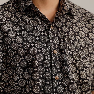 Black - Bagru Block Printed Cotton Men Half Sleeve Shirt 06