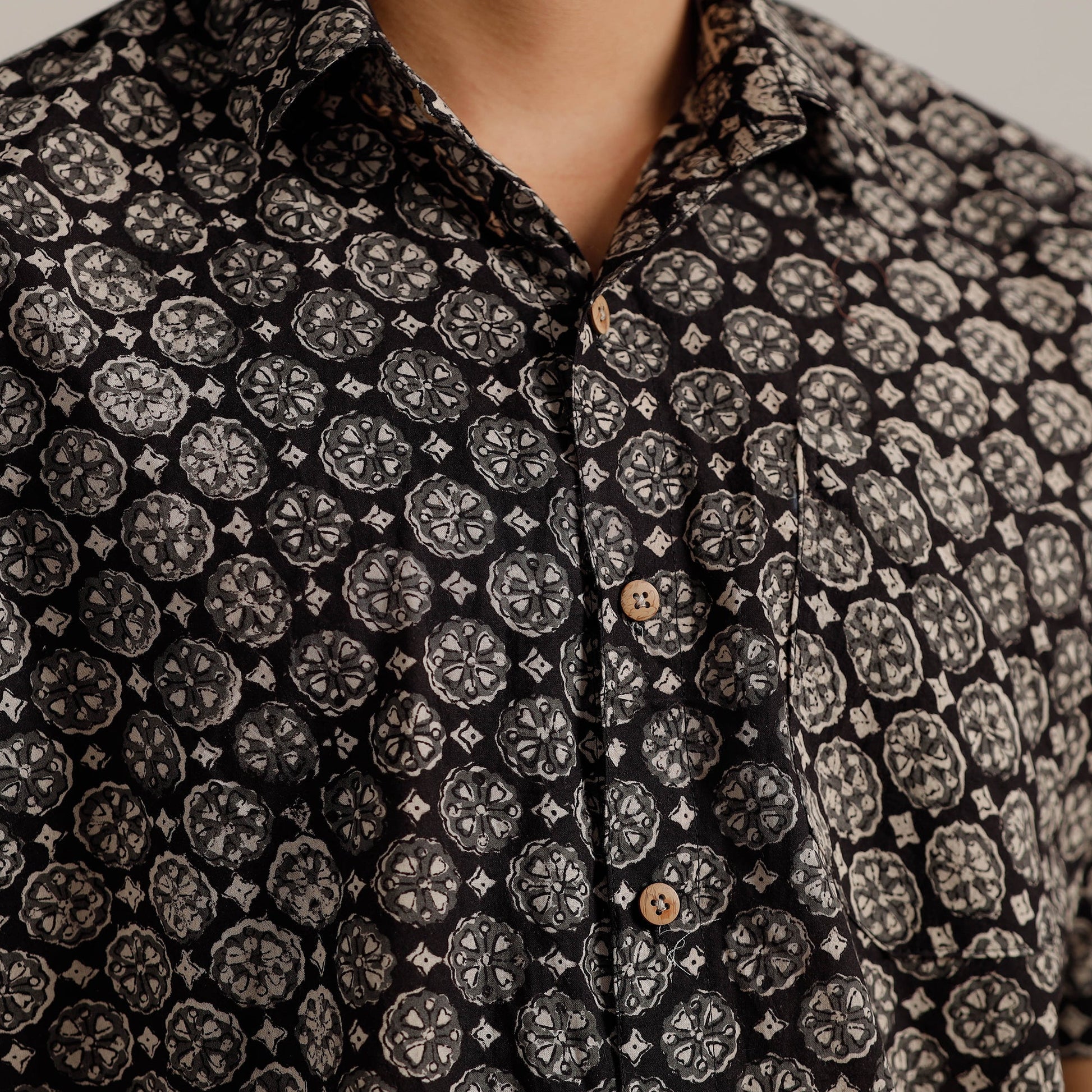 Black - Bagru Block Printed Cotton Men Half Sleeve Shirt 06