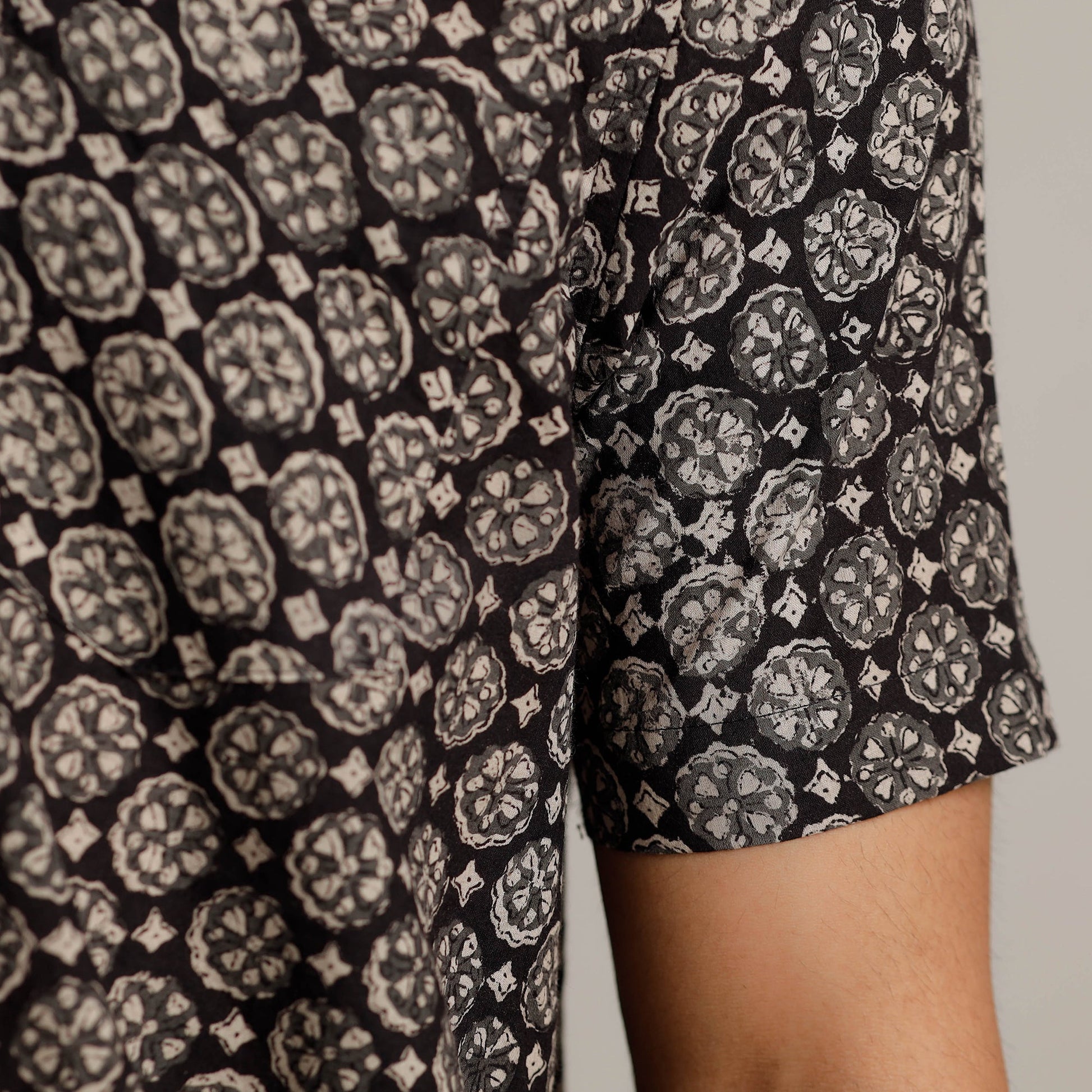 Black - Bagru Block Printed Cotton Men Half Sleeve Shirt 06