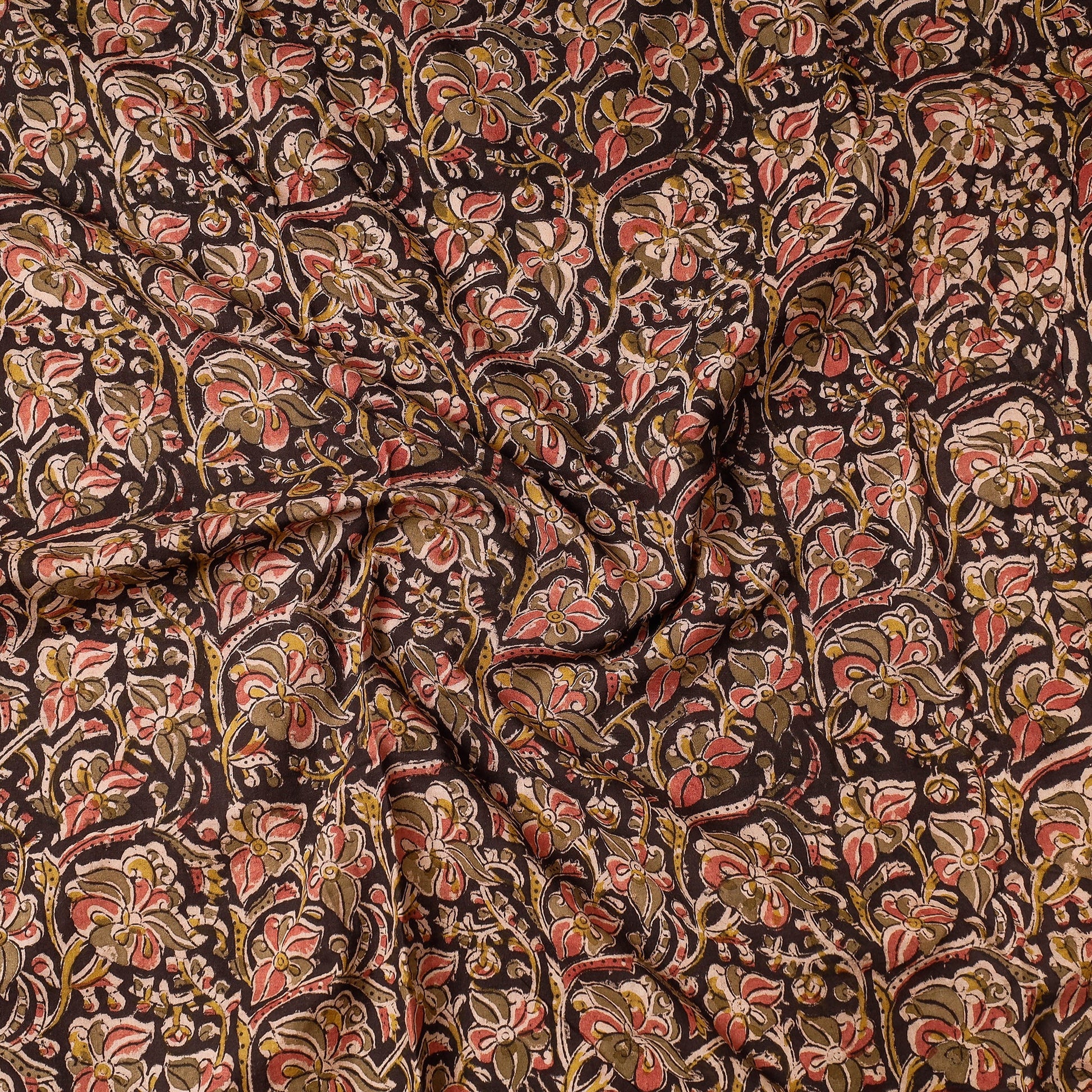 Brown - Kalamkari Block Printed Cotton Precut Fabric (0.9 meter)