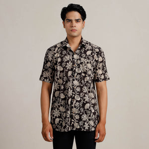 Black - Bagru Block Printed Cotton Men Half Sleeve Shirt 01
