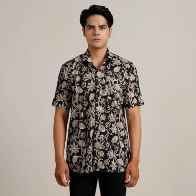 Black - Bagru Block Printed Cotton Men Half Sleeve Shirt 01