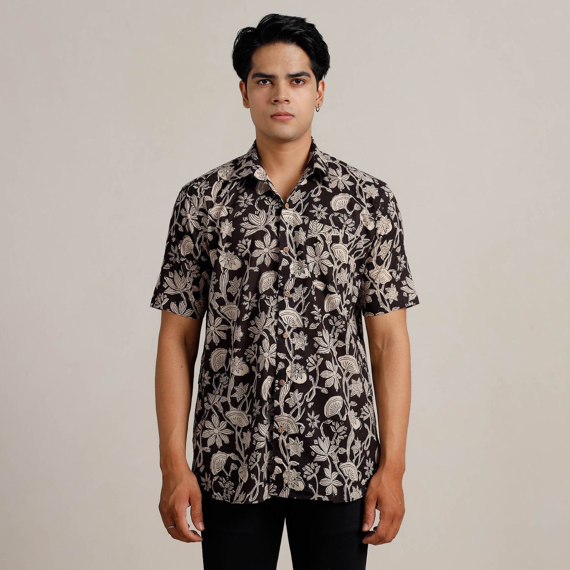 Black - Bagru Block Printed Cotton Men Half Sleeve Shirt 01