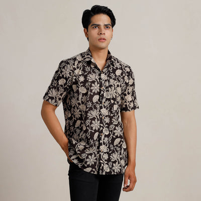 Black - Bagru Block Printed Cotton Men Half Sleeve Shirt 01