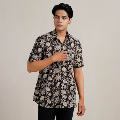 Black - Bagru Block Printed Cotton Men Half Sleeve Shirt 01