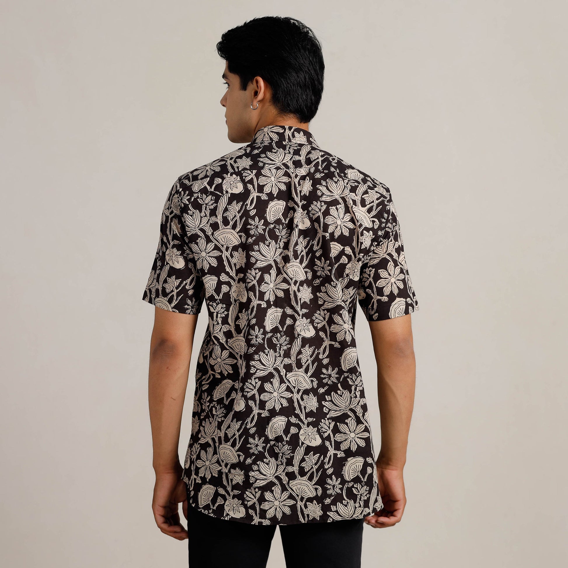 Black - Bagru Block Printed Cotton Men Half Sleeve Shirt 01