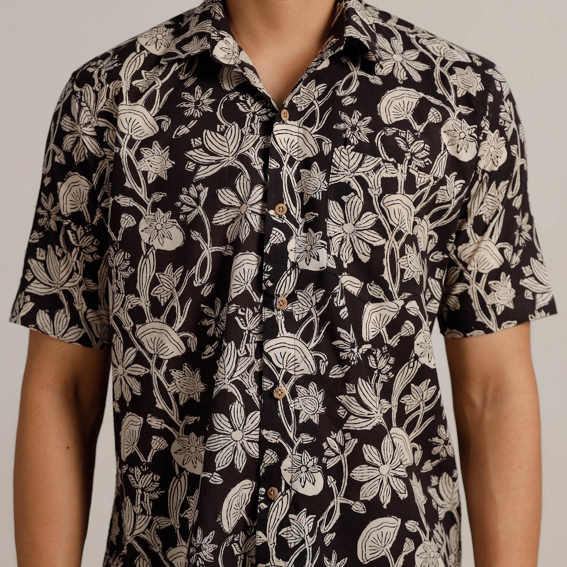 Black - Bagru Block Printed Cotton Men Half Sleeve Shirt 01