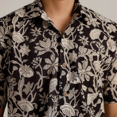 Black - Bagru Block Printed Cotton Men Half Sleeve Shirt 01