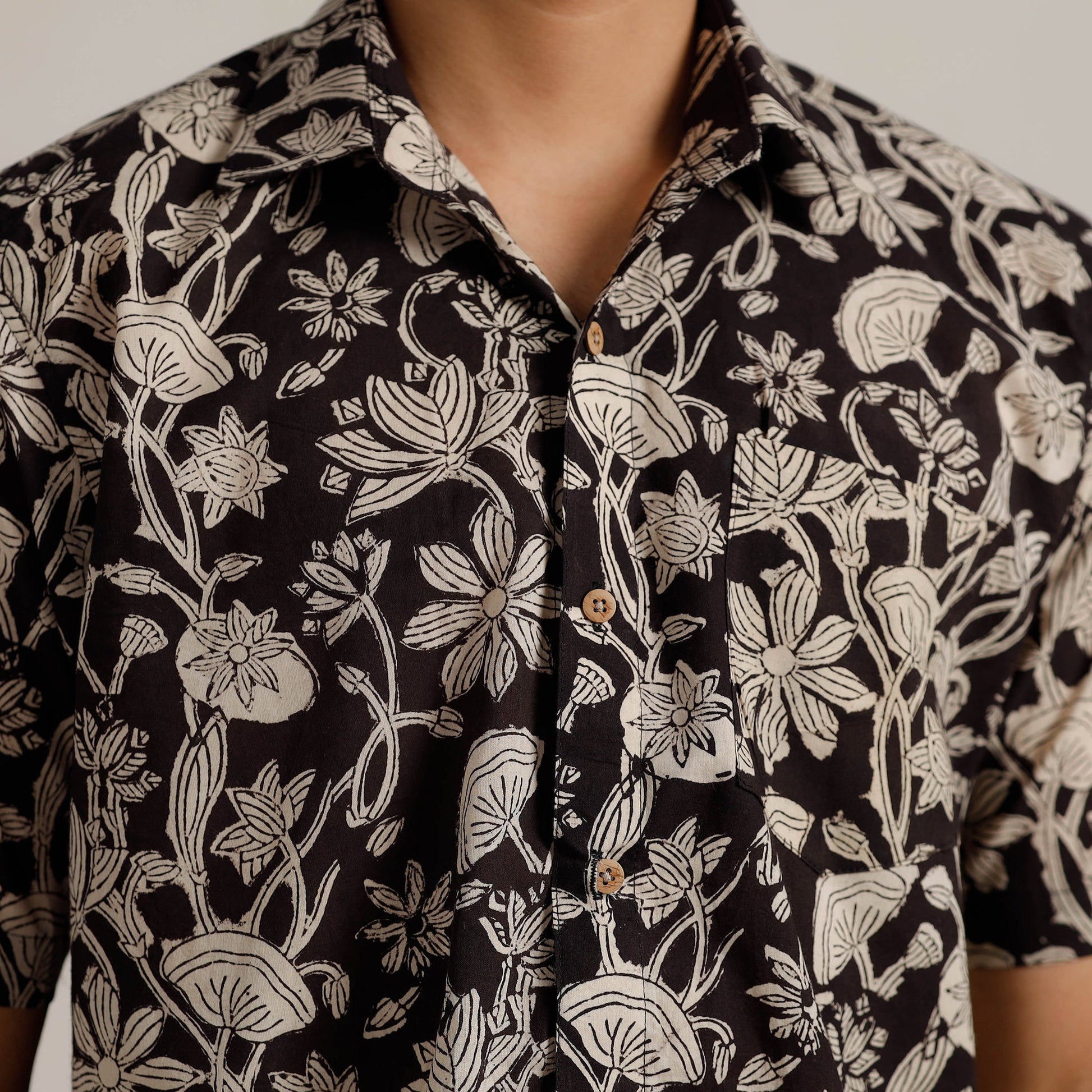 Black - Bagru Block Printed Cotton Men Half Sleeve Shirt 01
